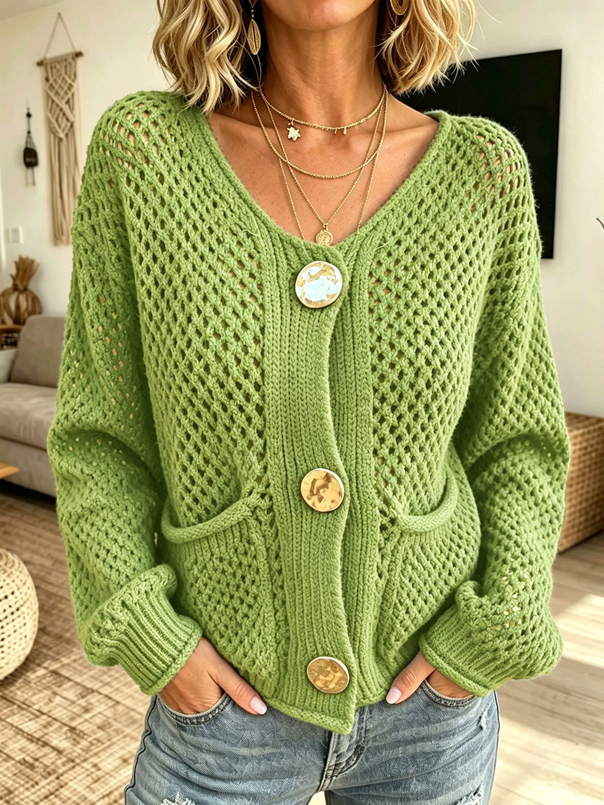 Women V‑Neck Hollow Knit Cardigan With Oversized Decorative Buttons & Pockets