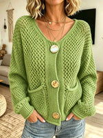 Women V‑Neck Hollow Knit Cardigan With Oversized Decorative Buttons & Pockets