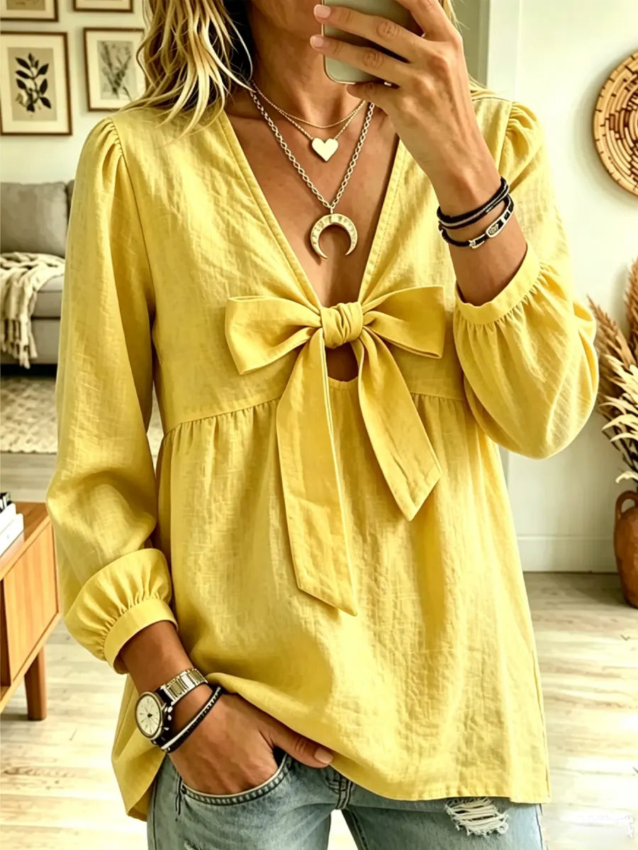 Retro Solid Color Bow Knot Art Casual Long Sleeve Cotton Shirt
