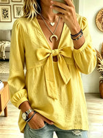 Retro Solid Color Bow Knot Art Casual Long Sleeve Cotton Shirt