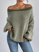 Women Striped Off‑Shoulder Drop Shoulder Loose Knit Sweater