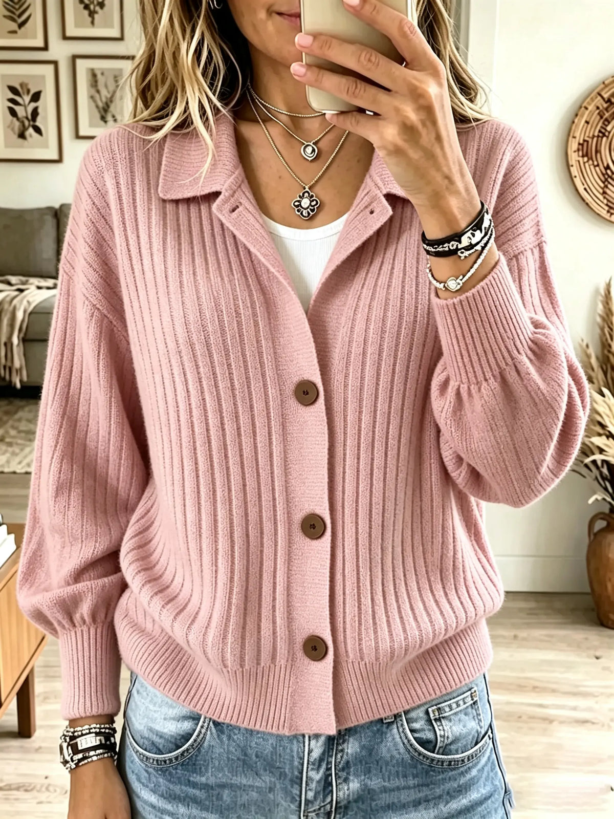 Women's Polo Collar Button-Down Ribbed Cardigan