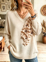 Women's 3D Floral Embellished V-Neck Knit Sweater