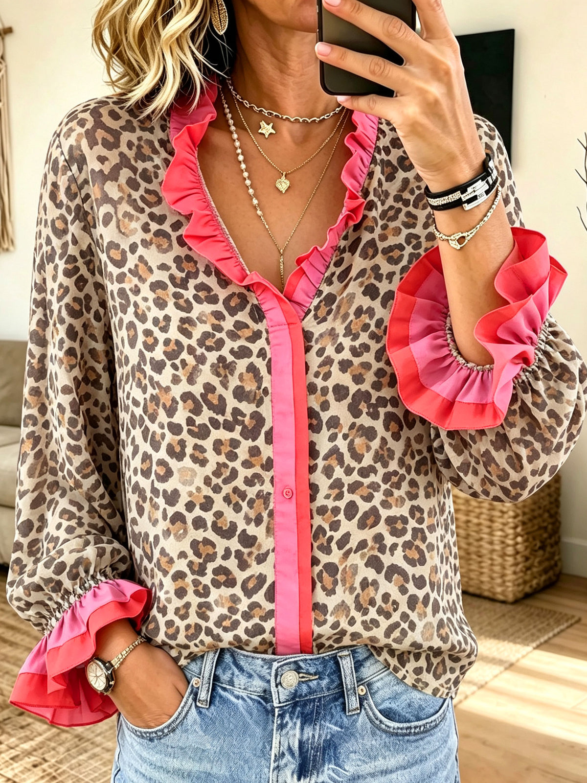 Women Leopard Print Contrast Pink Ruffle V‑Neck Long Sleeve Blouse