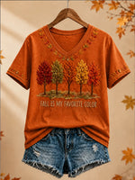 Women's Autumn Forest Embroidered Graphic V-Neck T-Shirt