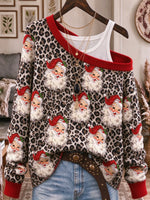 Women's Christmas Seamless Print Off-shoulder Long-sleeve Loose Knit Pullover Sweater