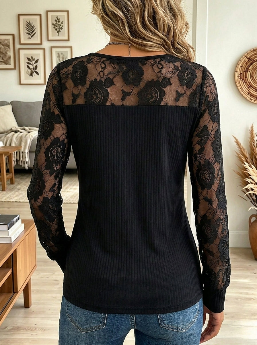 Women's Black Ribbed Knit Long Sleeve Top with Sheer Floral Lace Yoke