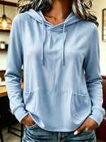 Women Solid Color Drawstring Hooded Long Sleeve Top With Pockets
