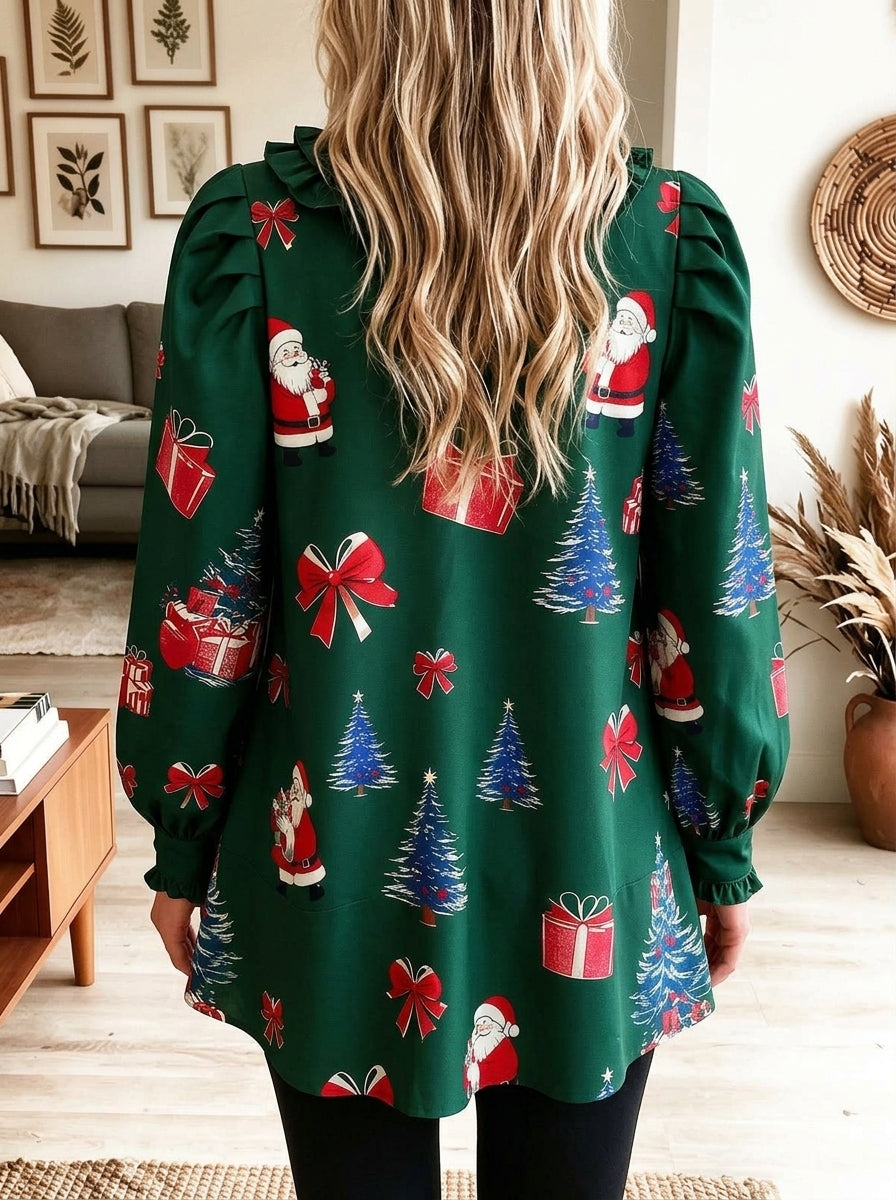 Women Christmas Print Ruffled V Neck Long Sleeve Holiday Blouse