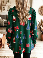 Women Christmas Print Ruffled V Neck Long Sleeve Holiday Blouse