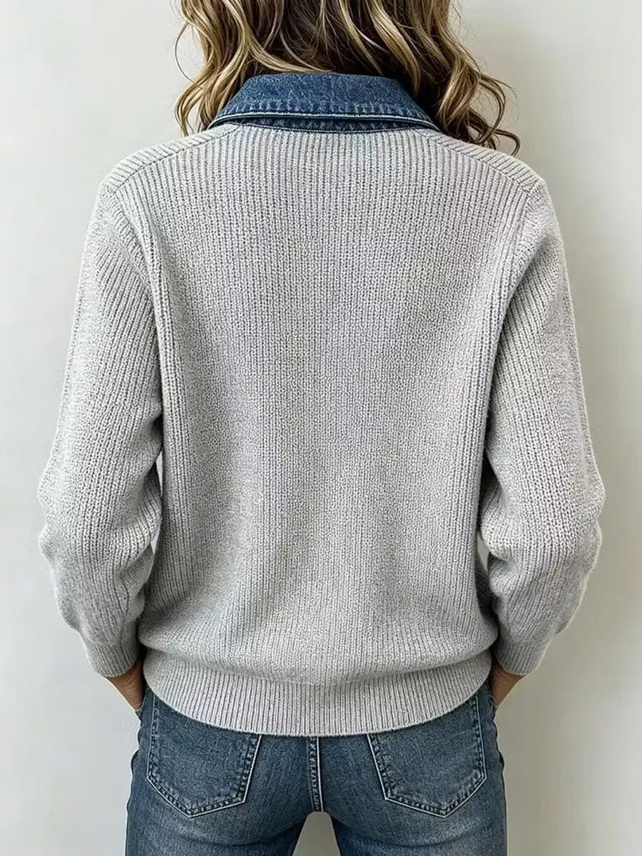 Retro Lapel Art Casual Stylish Denim Patchwork Long Sleeve Knit Top