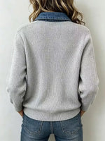 Retro Lapel Art Casual Stylish Denim Patchwork Long Sleeve Knit Top