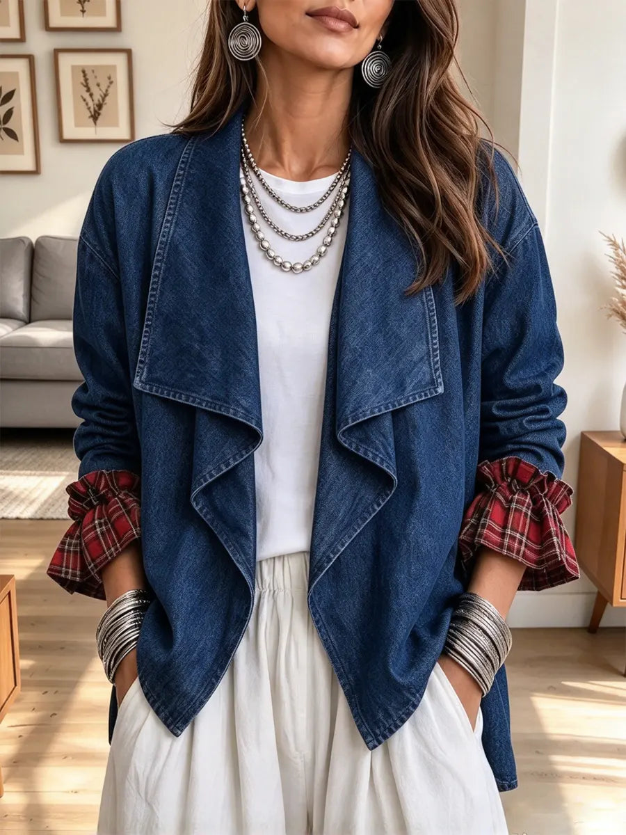Vintage Chic Plaid Patchwork Art Casual Stylish Long Sleeve Denim Coat