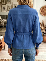 Women's Belted Waffle Knit Button-Down Tunic Shirt