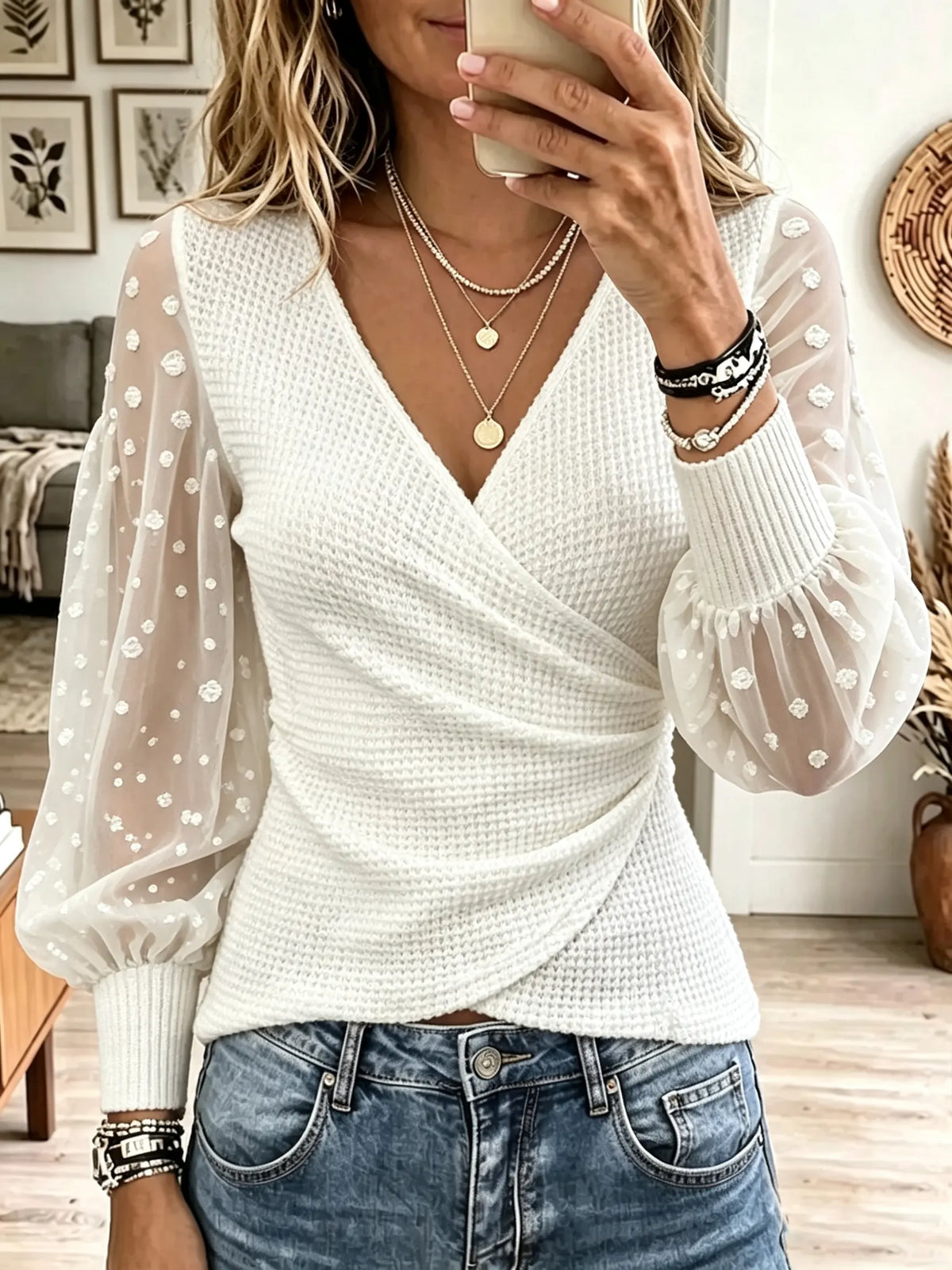 Women's Swiss Dot Sheer Sleeve Wrap Top