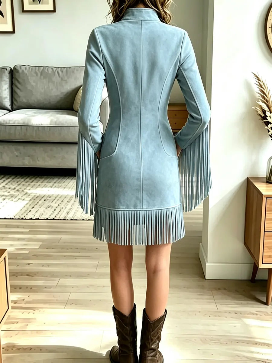 Vintage Western Fringe Zip Art Casual Stylish Long Sleeve Suede Midi Dress