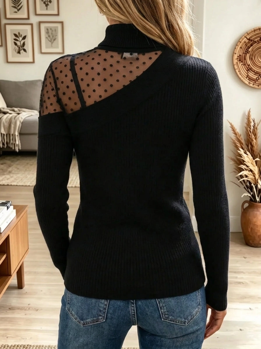Women's Polka Dot Sheer Mesh Mock Neck Ribbed Top