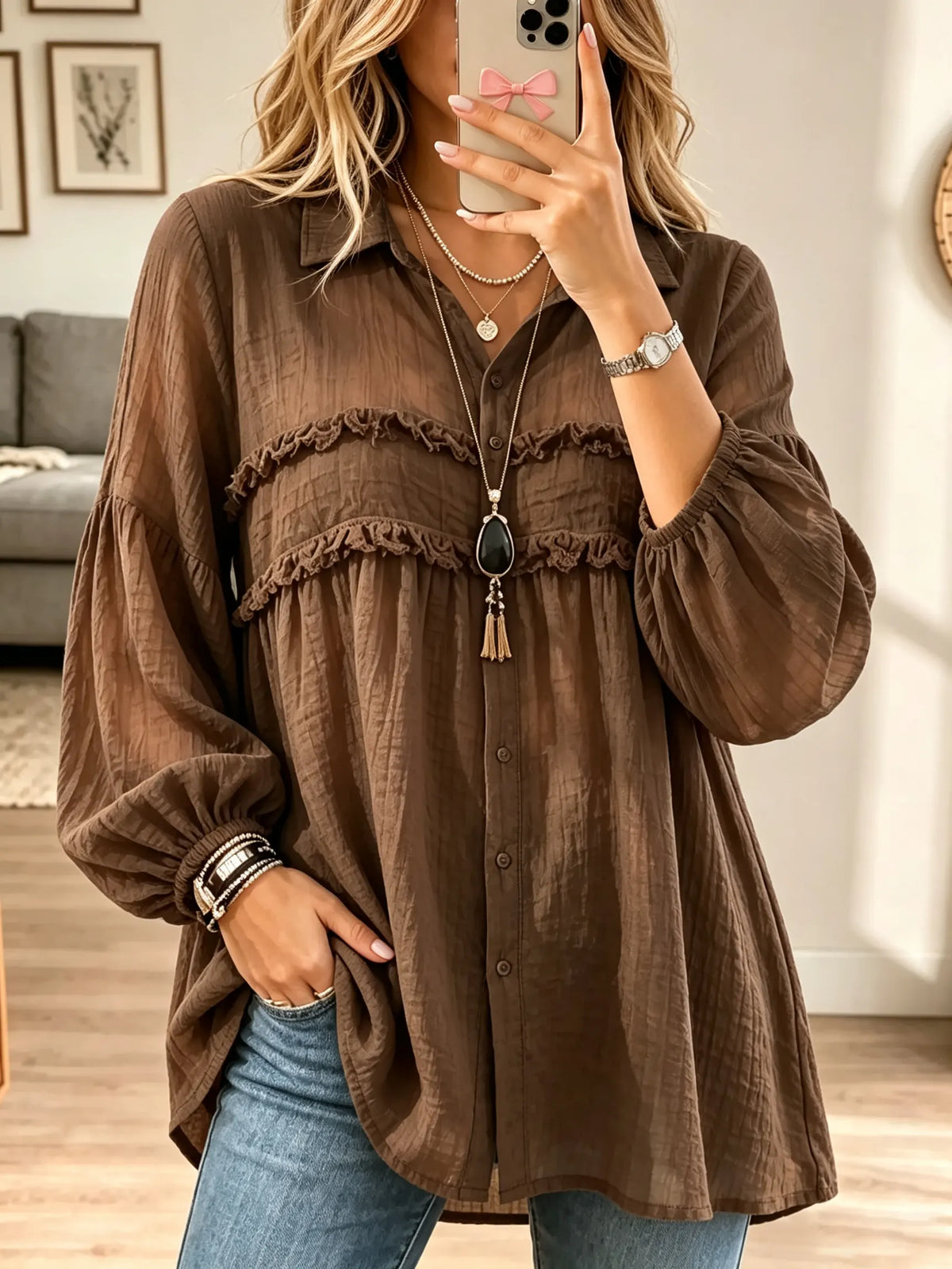 Women's Ruffled Crinkle Chiffon Babydoll Tunic