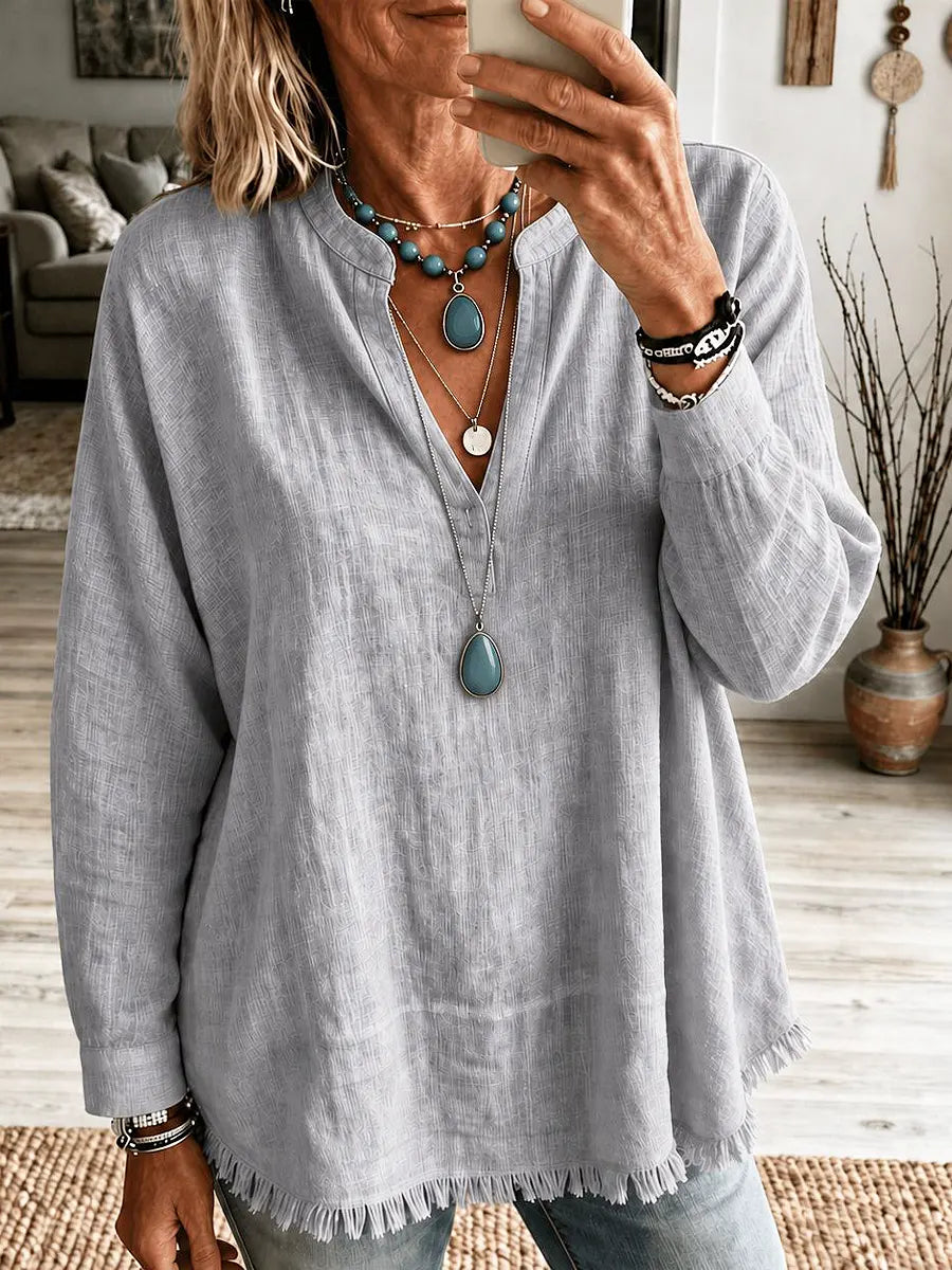 Retro Solid Color Art V Collar Casual Long Sleeve Cotton Linen Shirt