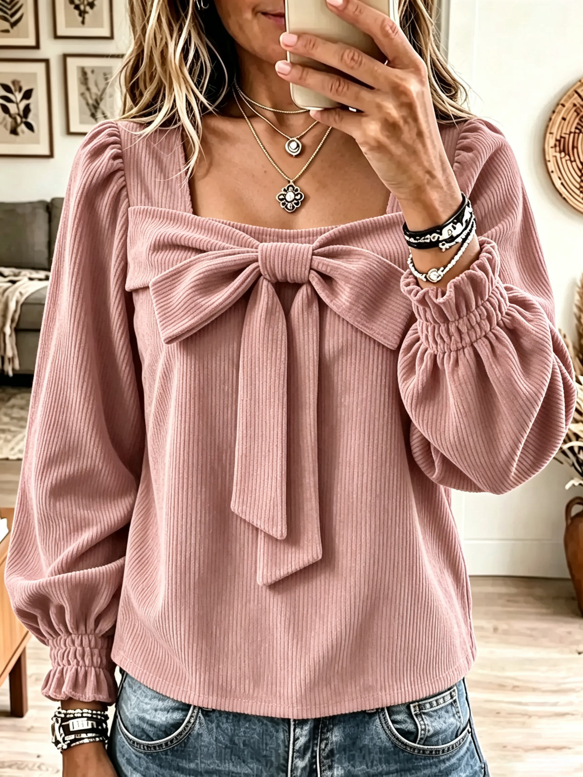 Women's Front Bow Corduroy Puff Sleeve Top