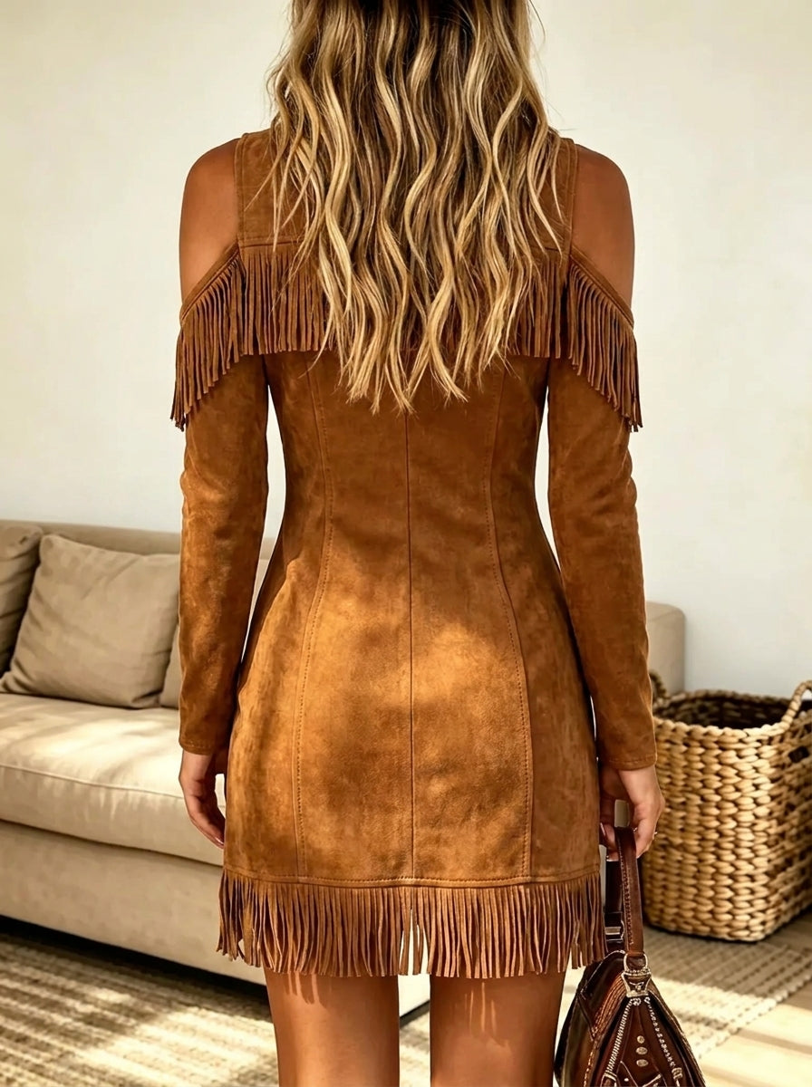 Women's Cold-Shoulder Fringe Zip-Front Suede Mini Dress