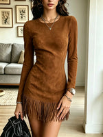 Women's Long-Sleeve Suede Fringe Mini Dress