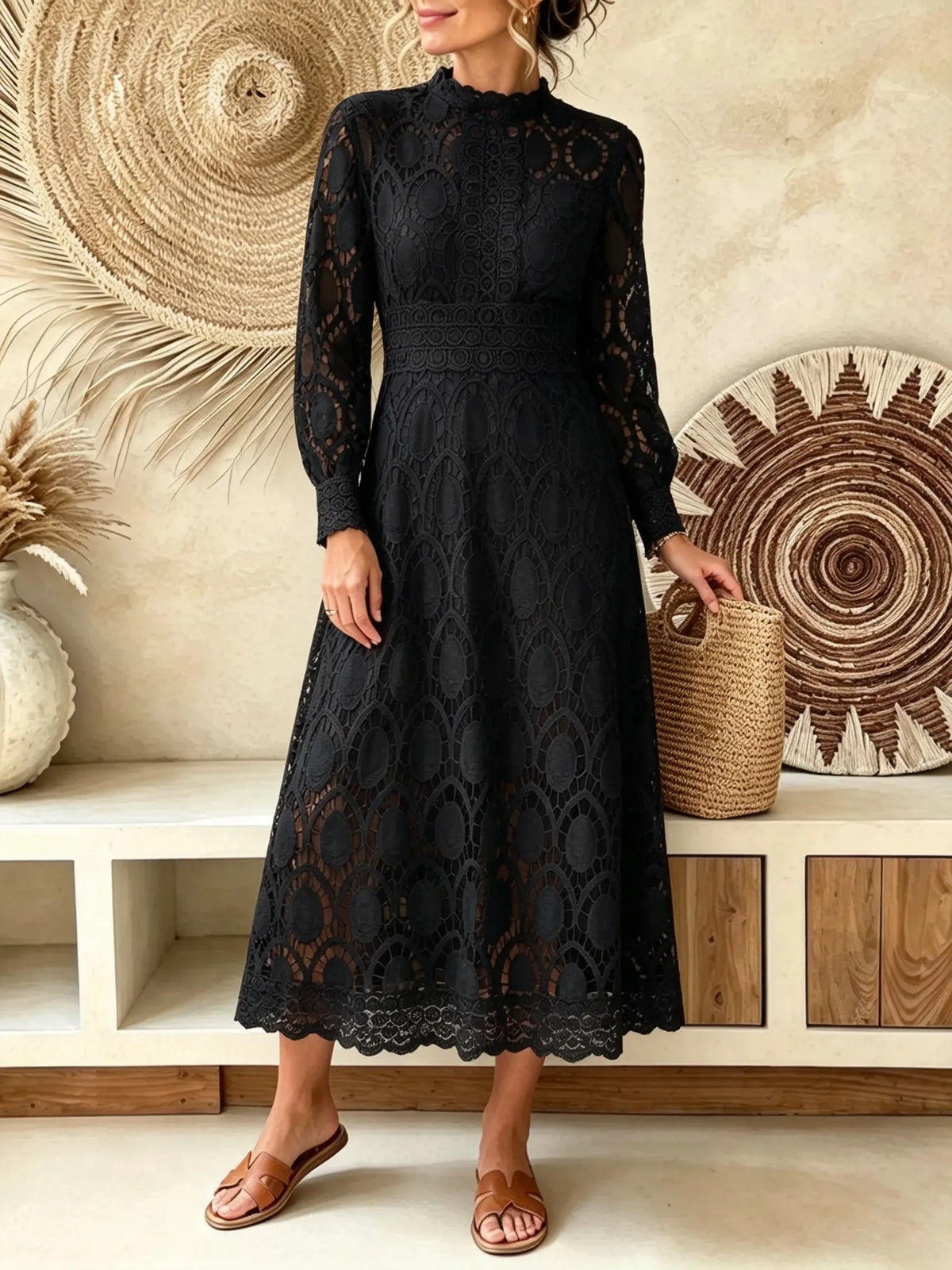 Women's Solid Hollow Lace Long Sleeve Midi Dress