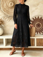 Women's Solid Hollow Lace Long Sleeve Midi Dress