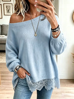 Women Off‑Shoulder Lace Hem Loose Knit Sweate