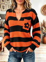 Vintage Elegant Knitted Fabric Stripes Halloween Orange Sweater