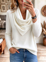Women's White Draped Cowl Neck Long Sleeve Pullover Sweater