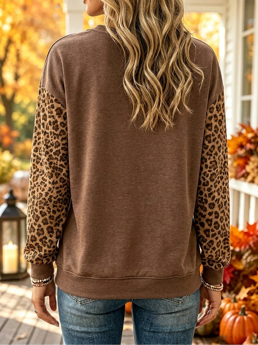 Women Fall Pumpkin Leopard Print Patchwork Crew Neck Sweatshirt