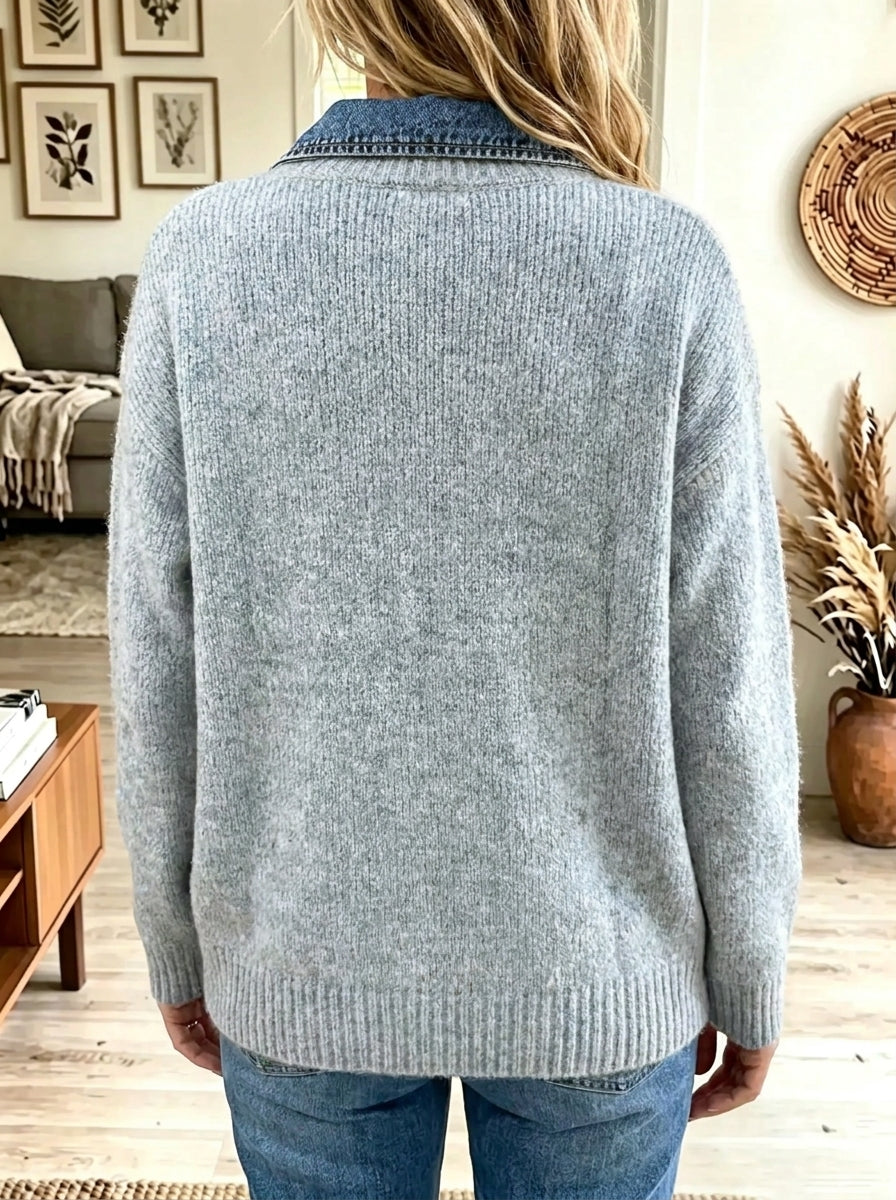 Women's Denim Patchwork Half-Zip Knit Sweater