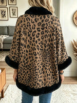 Women's Leopard Print Faux Fur Trim Cape Cardigan