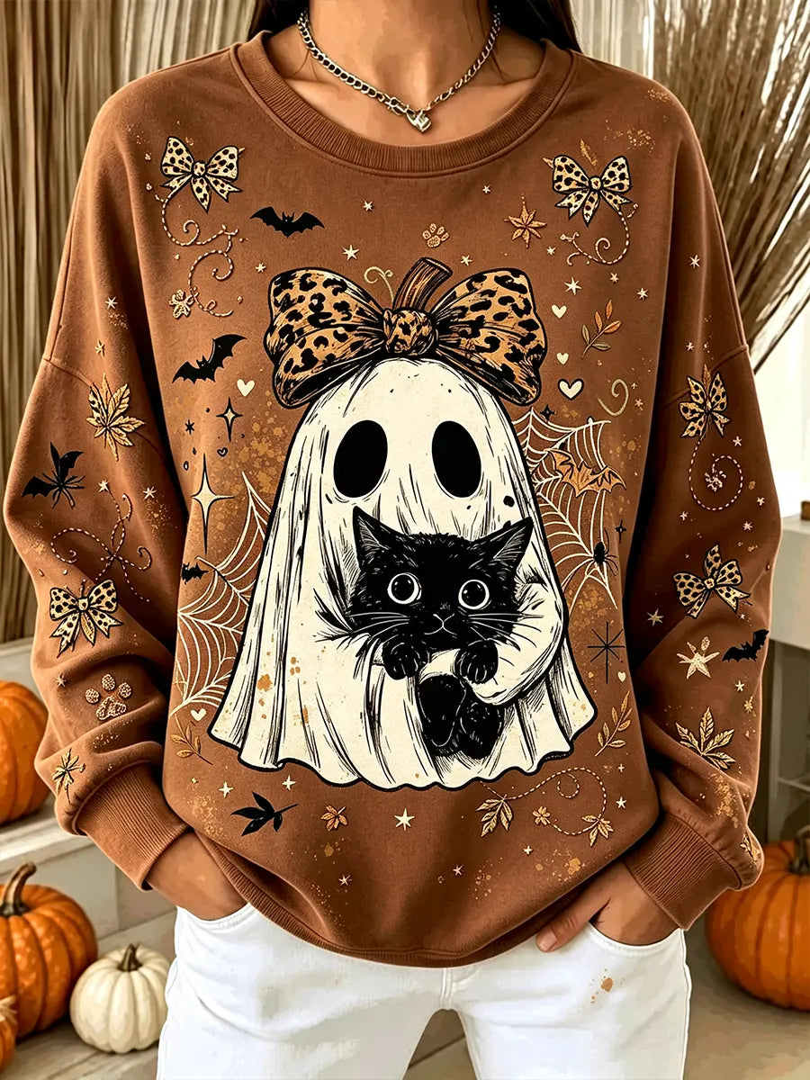 Vintage Autumn Halloween Ghost Black Cat Art Print Crewneck Sweatshirt