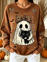 Vintage Autumn Halloween Ghost Black Cat Art Print Crewneck Sweatshirt