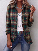 Retro Plaid Art Pattern Print Ruffle Casual Stylish Cotton Lapel Coat