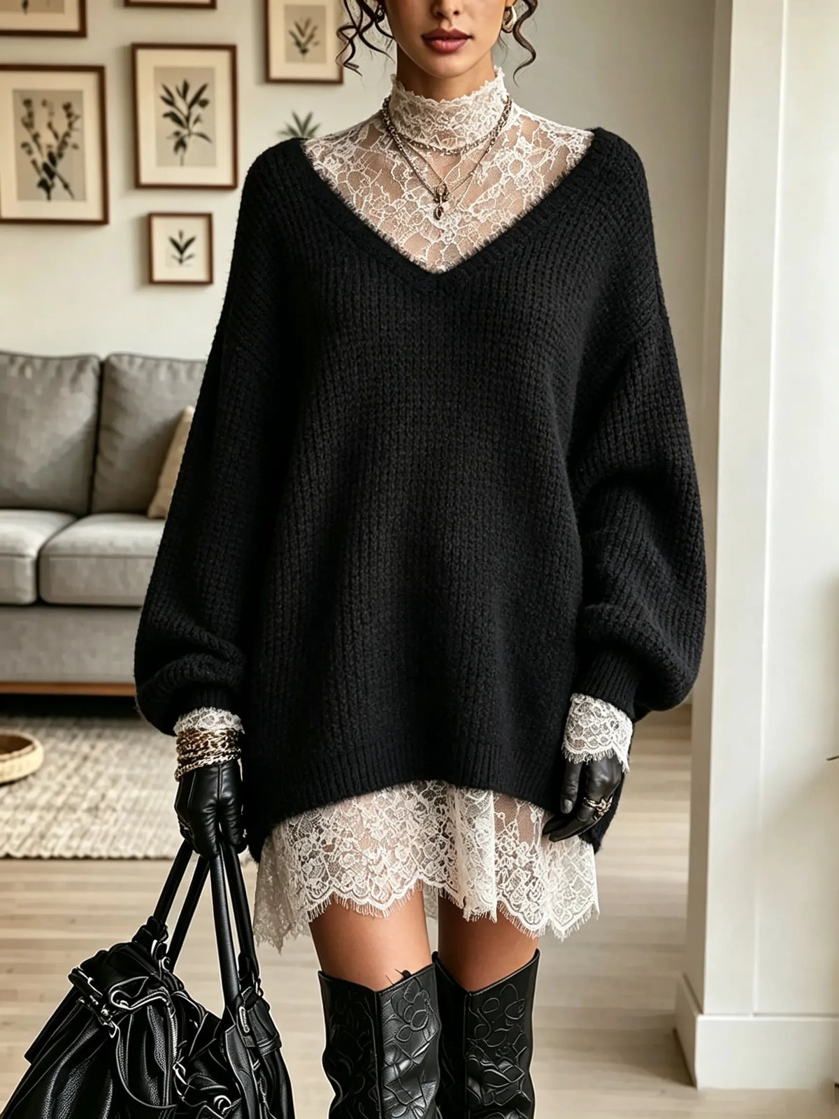 Women's Oversized Sweater Lace Dress