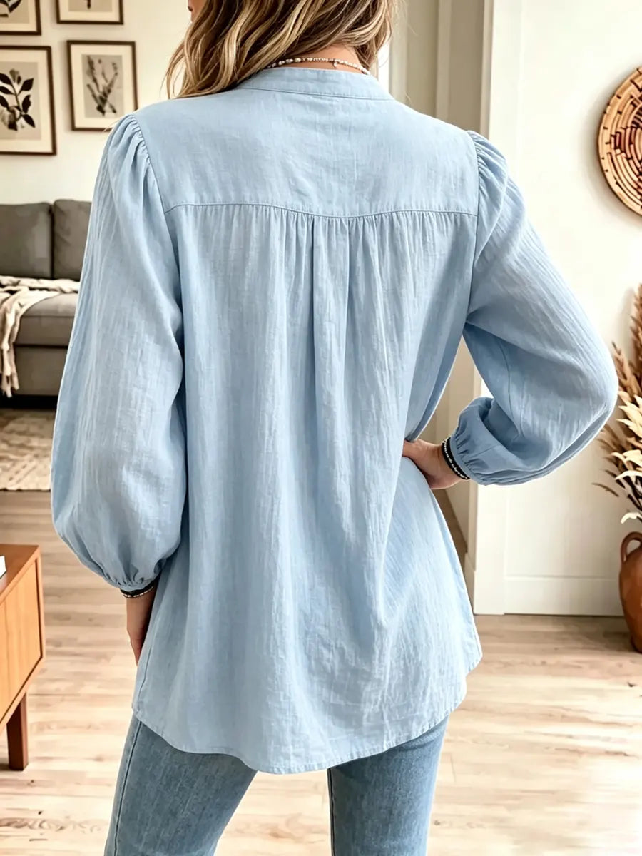 Retro Solid Color Art Casual Ruffle Stylish Long Sleeve Cotton Linen Shirt