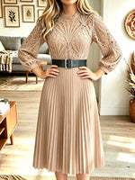 Women Lace Long‑Sleeve Belted Pleated Midi Dress
