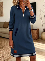 Retro Lapel Zip Art Casual Stylish Long Sleeve Sweatshirt Dress