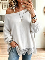 Women Off‑Shoulder Lace Hem Loose Knit Sweate
