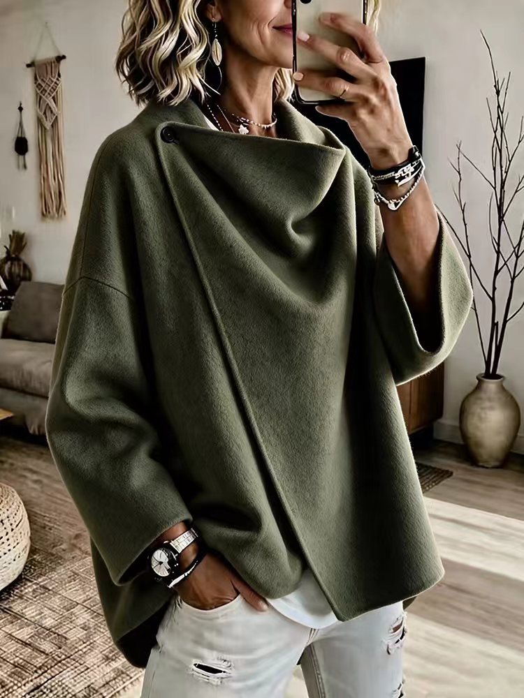 Women's Asymmetrical Button Wrap Collar Poncho
