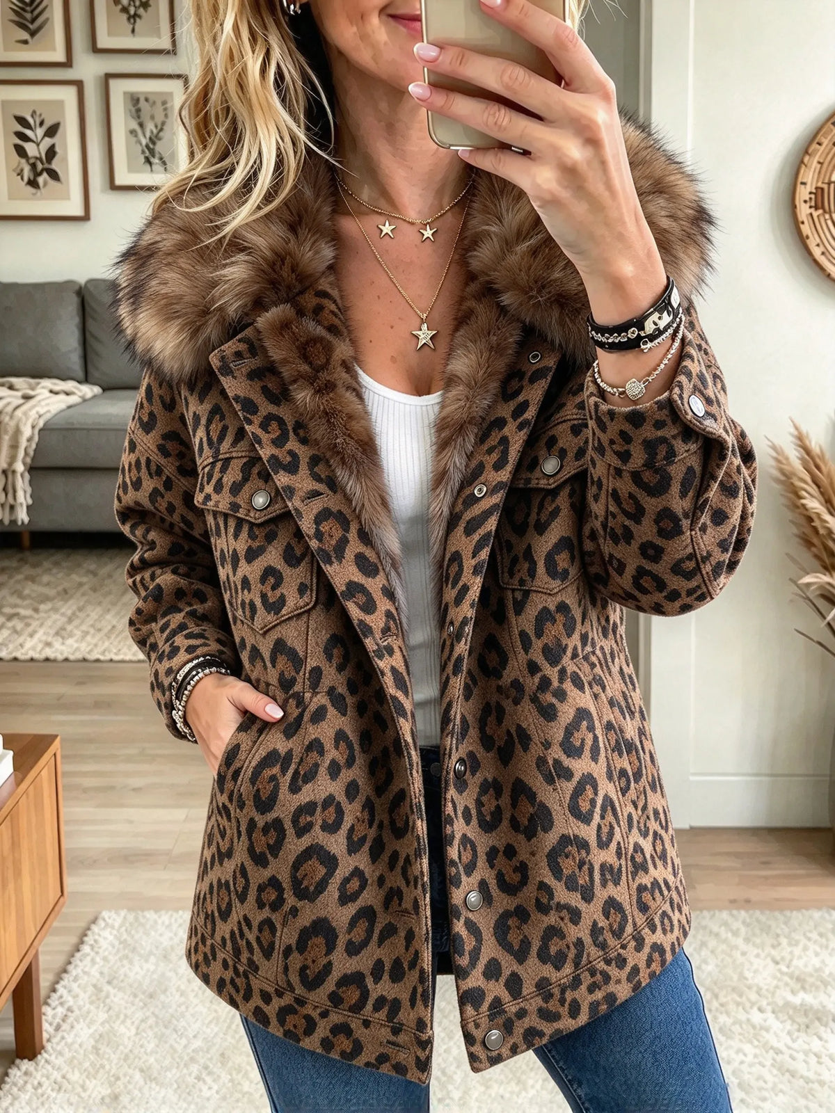 Women's Leopard Faux Fur Collar Denim Jacket