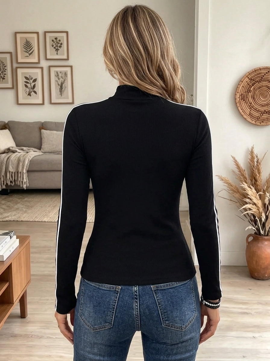 Women's Side Stripe Mock Neck Ribbed Top