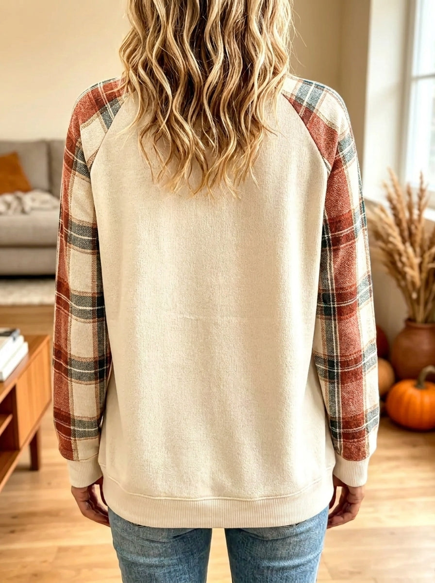 Women's Plaid Patchwork Pumpkin Raglan Sweatshirt