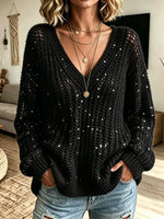 Women V‑Neck Hollow Mesh Sequin Embellished Oversized Long Sleeve Knit Sweater