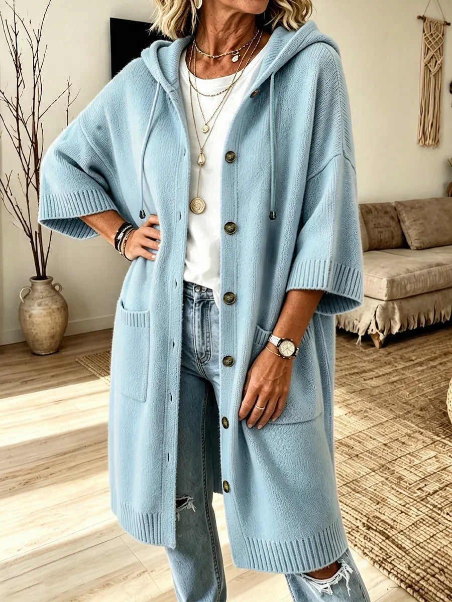 Cozy Hooded Knit Art Casual Pockets Stylish 3/4 Sleeve Cardigan Coat