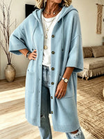 Cozy Hooded Knit Art Casual Pockets Stylish 3/4 Sleeve Cardigan Coat