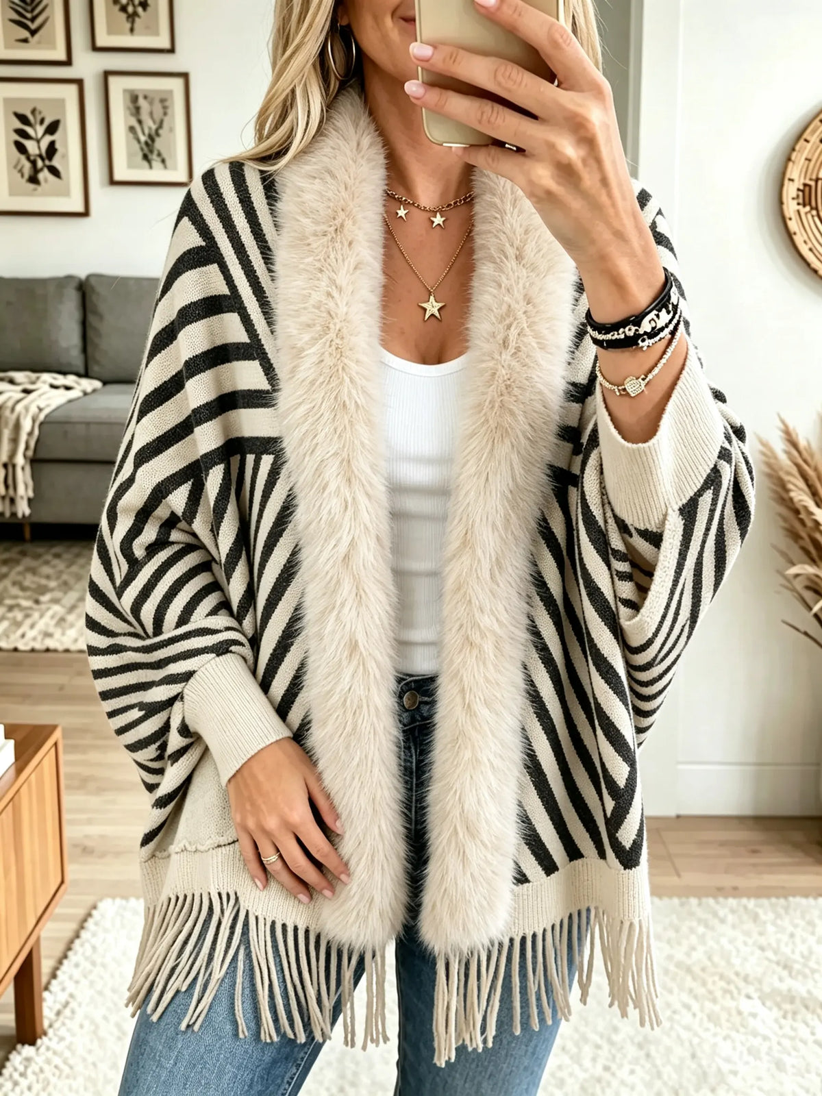 Women's Striped Faux Fur Collar Fringe Poncho Cardigan